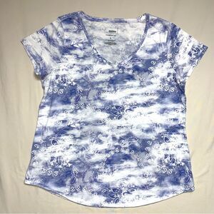 Blue Floral T-Shirt Women’s Large Everyday Classic Top  Loose Flowy Blouse Fall